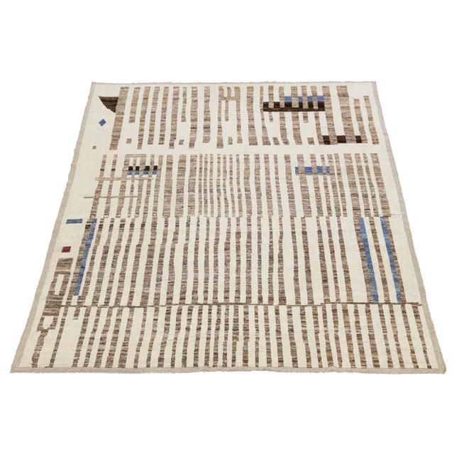 Moroccan Beige Modern Moroccan Style Handmade Wool Rug With Abstract Stripe Design For Sale - Image 3 of 12