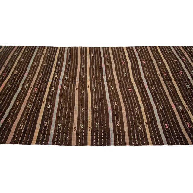 Striped Vintage Brown Kilim Rug For Sale - Image 4 of 7