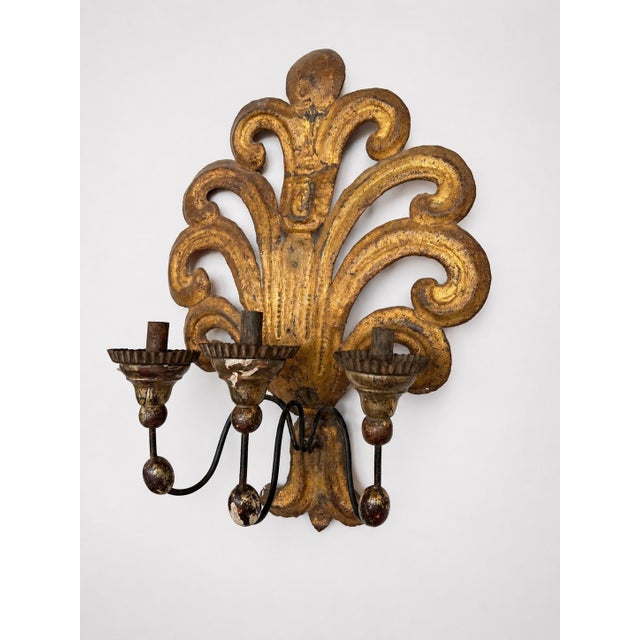 Late 19th Century Pair 19th Century, Italian Baroque Revival Gilt Wood & Tole Three-Arm Sconces For Sale - Image 5 of 9