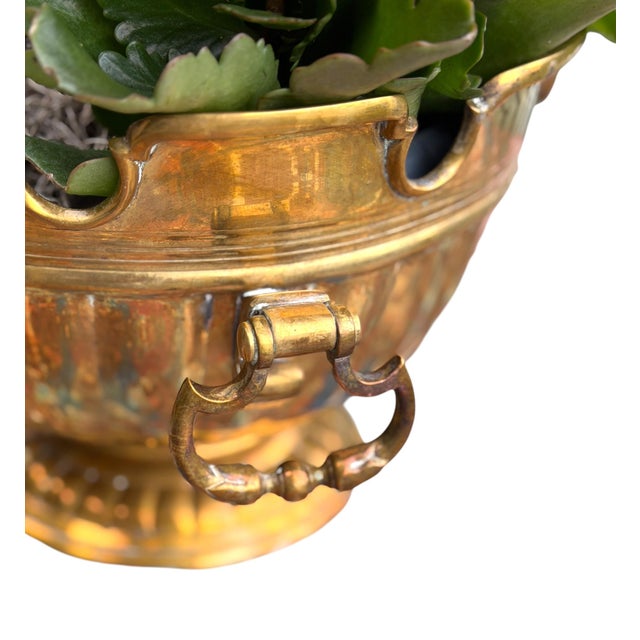 1970s Large Solid Brass 12" Planter or Cachepot With Ring Handles Made by Mottahedeh For Sale - Image 5 of 7