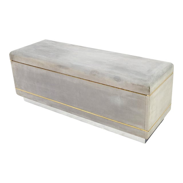 Faux Grey Suede Brass Trim Truck Hope Chest Storage Box Cardin Style For Sale