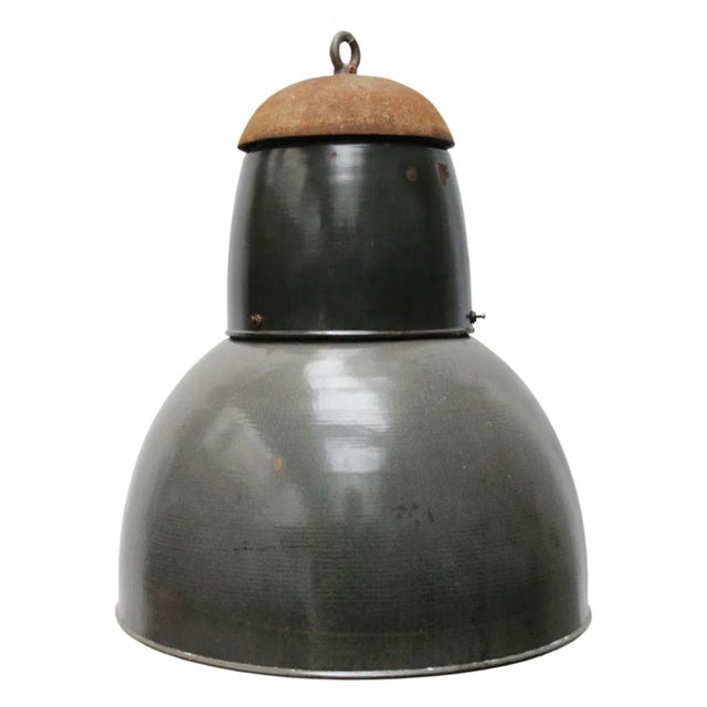 1950s Large Vintage Industrial Grey Enamel & Cast Iron Pendant Light, 1950s For Sale - Image 5 of 6