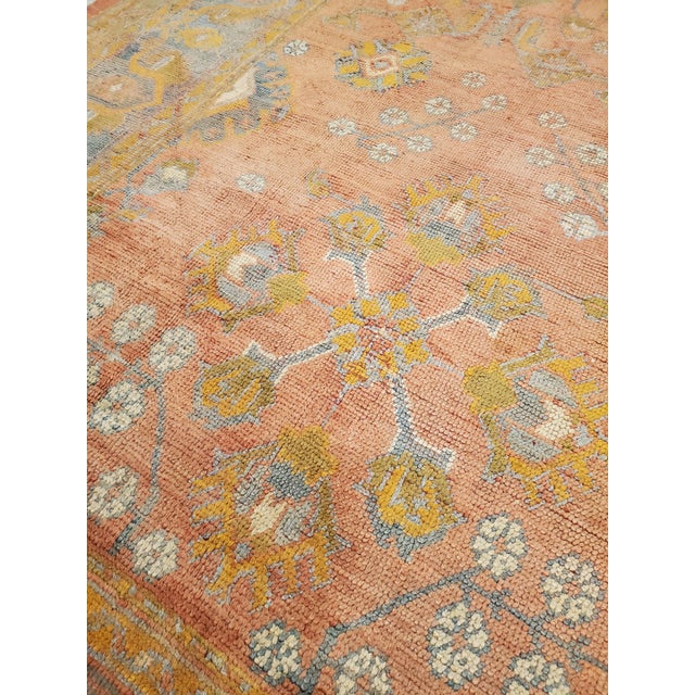 Antique Oushak Carpet, Oriental Rug, Handmade Rug Saffron, Light Blue and Coral For Sale In New York - Image 6 of 18