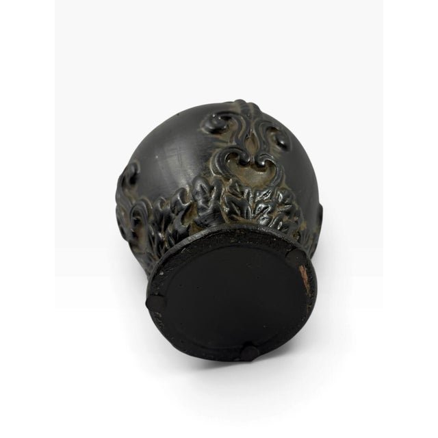 Ceramic Late 20th Century Black Relief Urn Vase Classical Scroll and Leaf Design Footed For Sale - Image 7 of 7