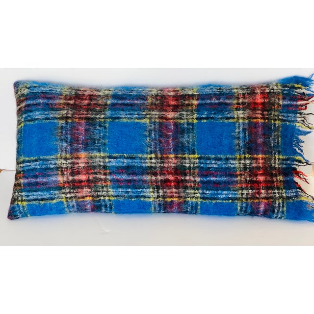 Vintage recycled organic blue Scotland plaid mohair pillow, . 33” by 17”. Great cabin decor.