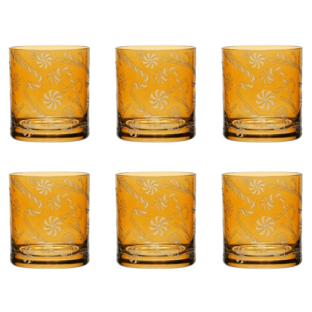 Traditional ARTEL Holiday Collection Candy Canes Double Old Fashioned Glass in Amber - Set of 6 For Sale - Image 3 of 3