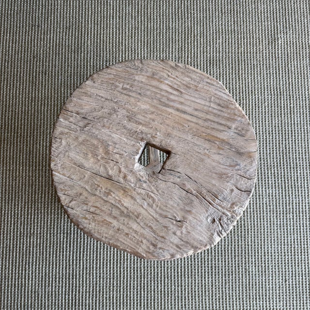 Brown Vintage Elm Wood Wheel Side Table #A53 For Sale - Image 8 of 8