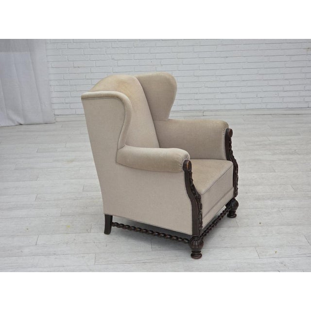 Wood Danish Wingback Armchair in Velour and Carved Oak, 1950s For Sale - Image 7 of 18
