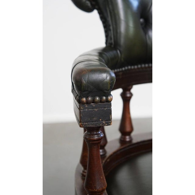 Dark Green Cowhide and Wooden Height Adjustable Swivel and Tilt Chesterfield Office Chair For Sale - Image 10 of 17
