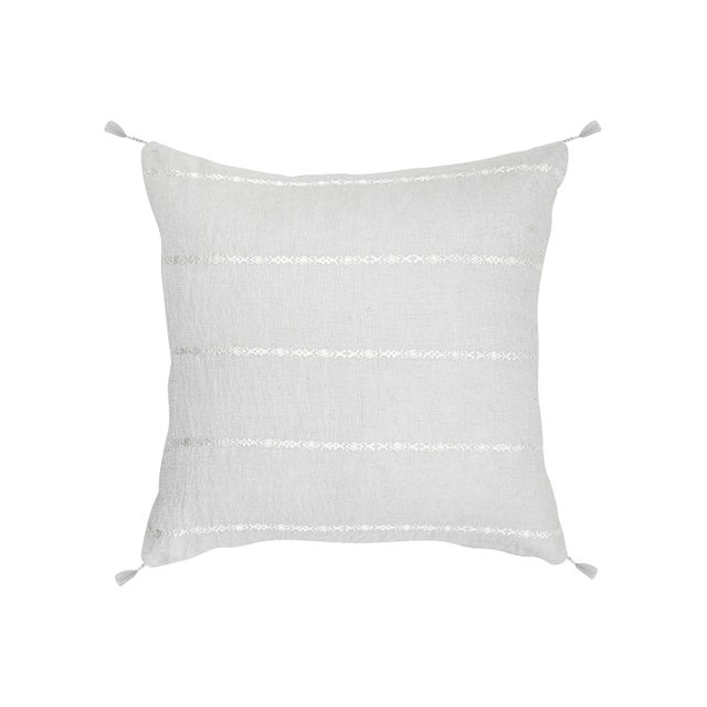 Textile Light Grey & White Embr Stripes Down Alternative Linen Pillow For Sale - Image 7 of 7