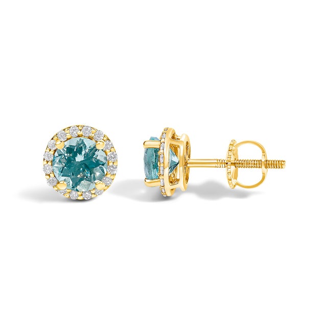 Contemporary 10K Yellow Gold Blue Aquamarine and 1/6 Cttw Diamond Halo Stud Earrings ,A Pair For Sale - Image 3 of 5