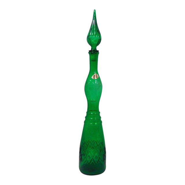 Mid-Century Tall Green Figural Decorative Glass Decanter For Sale