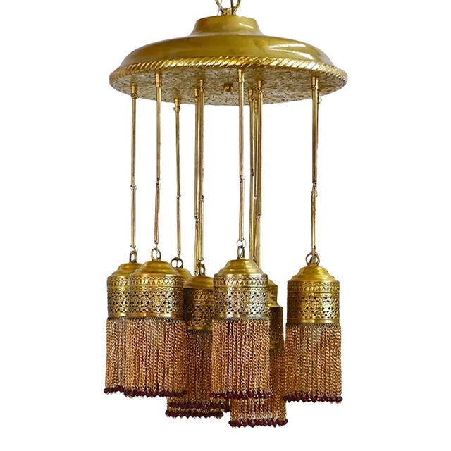 Contemporary Moroccan Brass Chandelier With Dangling Fringe For Sale