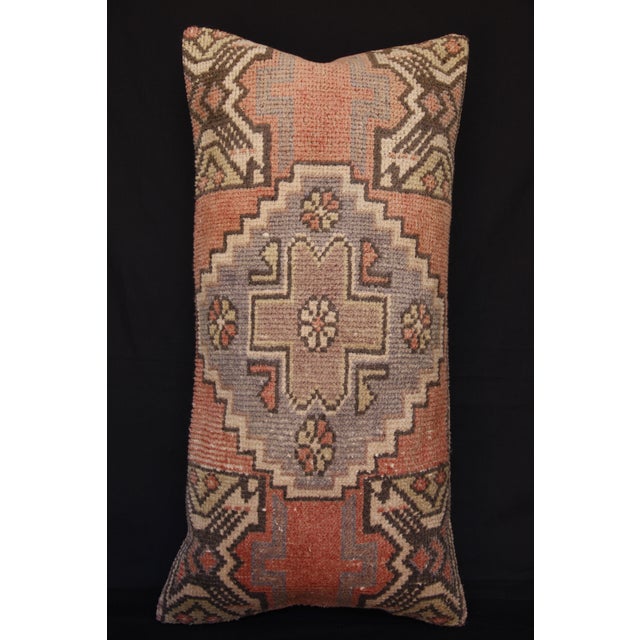Red Soft‑Tone Rug Cushion – Handcrafted From Vintage Turkish Tribal Rug Pillow Cover -16'' X 32'' For Sale - Image 8 of 11