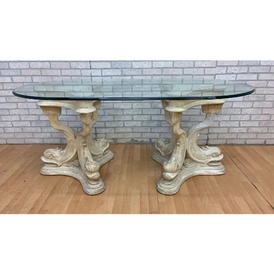 Vintage Neoclassical Faux-Stone Dolphin Pedestal Table With Glass Top For Sale - Image 11 of 11