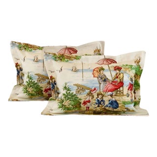 Designer P Kaufmann Braemore Blue Green Pink Beachside Toile Coastal Beach Seaside Pillow Covers- Pair For Sale