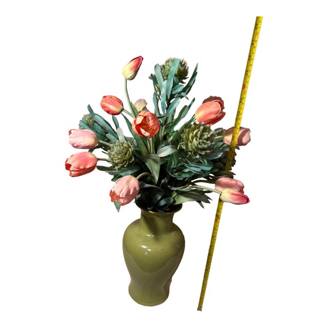 Vintage Mid-Century Modern Celadon Green Ceramic Baluster Vase With Faux Floral Arrangement For Sale