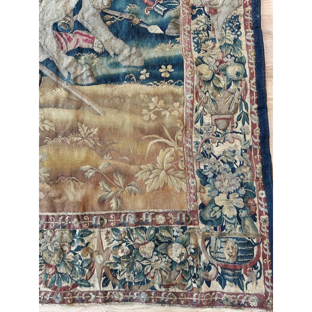 17th Century Fine Brussels Tapestry, Silk Wool, Green, Blue, Red, Battle Scene For Sale - Image 17 of 18
