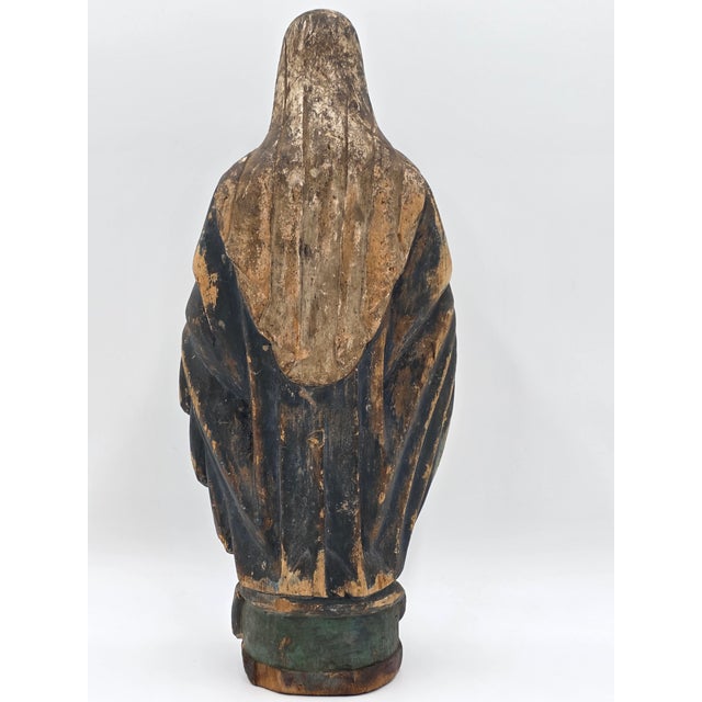 Printmaking Materials Rare Antique 18th Century Spanish Colonial Hand-Carved Virgin Mary Statue Polychrome Wood For Sale - Image 7 of 15