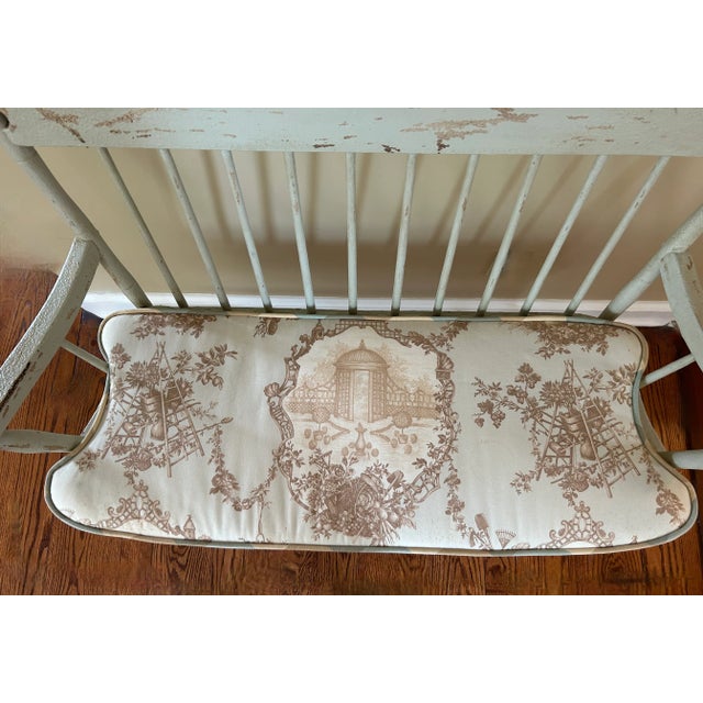 Sky Blue French Country Distressed Toile High Back Bench For Sale - Image 8 of 9