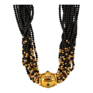 Vintage 14k Yellow Gold Emerald Diamond Multi Strand Onyx Bead Pendant Necklace For Sale