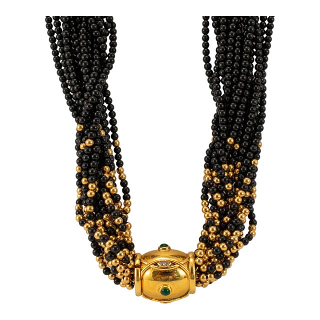 Vintage 14k Yellow Gold Emerald Diamond Multi Strand Onyx Bead Pendant Necklace For Sale