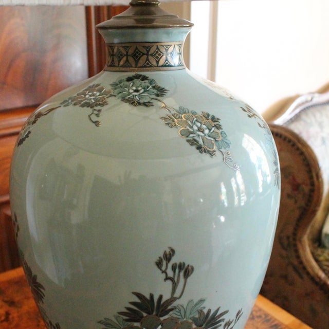 Celadon Large Japanese Celadon Blue and Gilt Peacock Vase Adapted Into a Lamp For Sale - Image 8 of 16