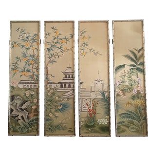 Vintage Chinoiserie Hand-Painted 4-Panel Screen With Silver Faux Bamboo Frame For Sale