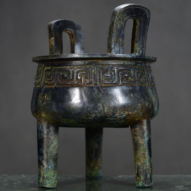 Art Deco Vintage Three-Legged Chinese Ritual Censer With Carved Inscription Key Pattern For Sale - Image 3 of 8