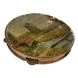 Antique Folk Art Hand Painted Scenic Tambourine For Sale