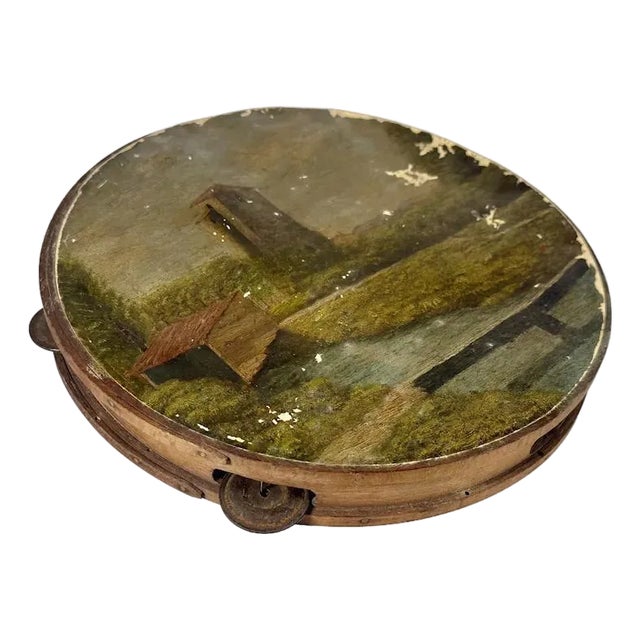 Antique Folk Art Hand Painted Scenic Tambourine For Sale