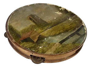 Antique Folk Art Hand Painted Scenic Tambourine