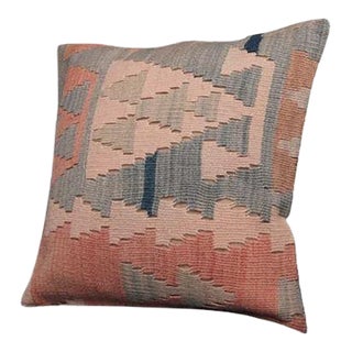Soft Pastel Kilim Pillow – 16x16 Vintage Handwoven Geometric Cover For Sale