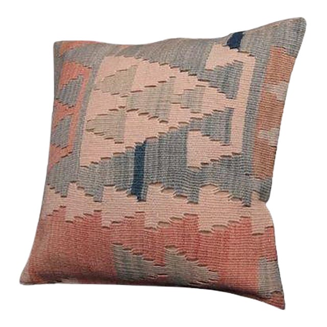 Soft Pastel Kilim Pillow – 16x16 Vintage Handwoven Geometric Cover For Sale