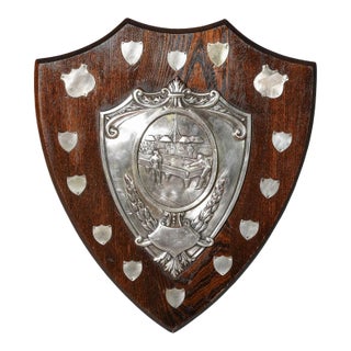 English Oak Billiards Trophy Shield Plaque by Reavington Ltd., London, Early 20th Century For Sale
