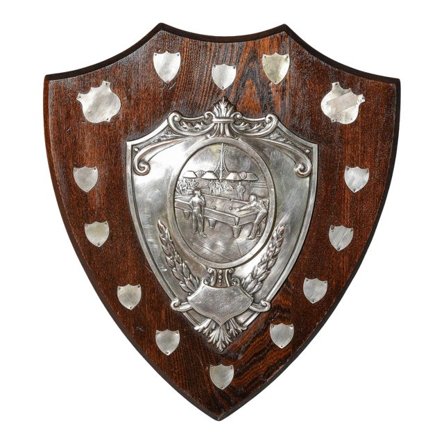 English Oak Billiards Trophy Shield Plaque by Reavington Ltd., London, Early 20th Century For Sale