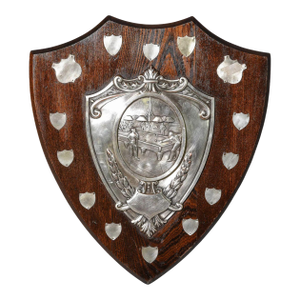 English Oak Billiards Trophy Shield Plaque by Reavington Ltd., London, Early 20th Century