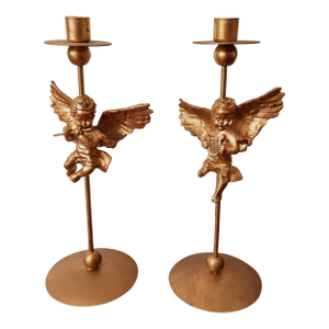 Gold Angel Cherub Candlesticks Pair