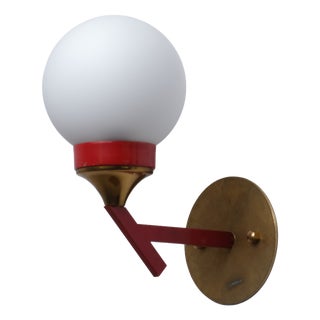 Italian Brass, Red Lacquered Metal, and Opaline Glass Globe Wall Sconce, 1950s For Sale