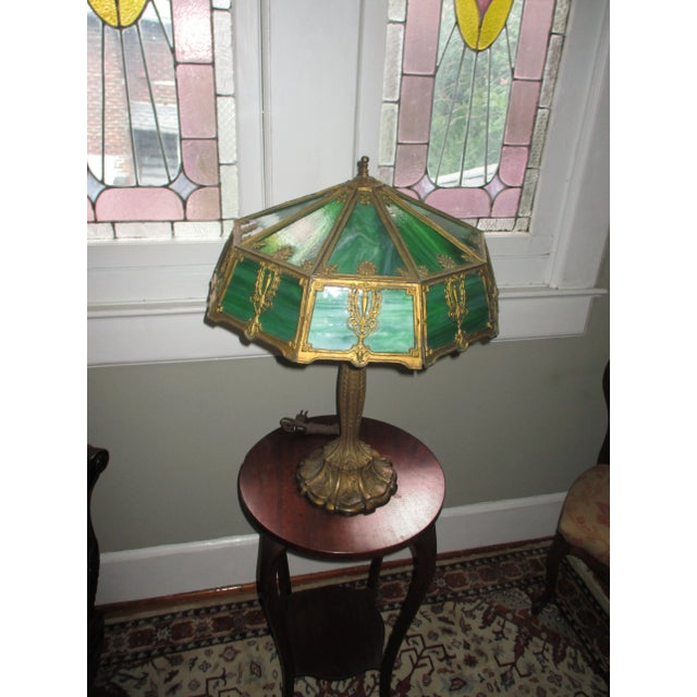 This is a a Fabulous! Antique Art Nouveau Green Stain Glass Table Lamp with a Very Ornate Base and Metal Shade with Green...