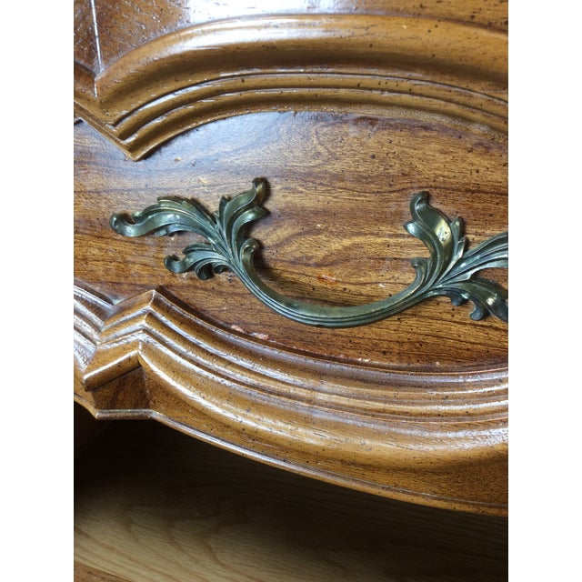 Mid Century French Provincial Style Lowboy Dresser With Ornate Drawer Faces For Sale - Image 16 of 18