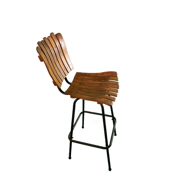 Mid Century Modern Wood Slat Bar Stools by Arthur Umanoff in good condition.