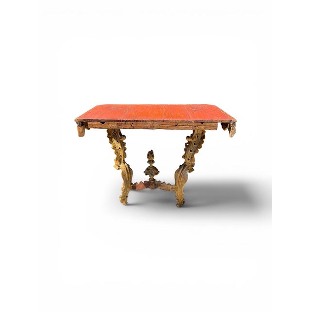 Wood Pair of Rare 18th C. Venetian Giltwood Console Tables With Red-Painted Tops For Sale - Image 7 of 9