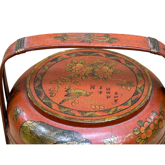 Vintage Oriental Brick Red Golden Graphic Stack Wedding Basket Display For Sale - Image 17 of 18