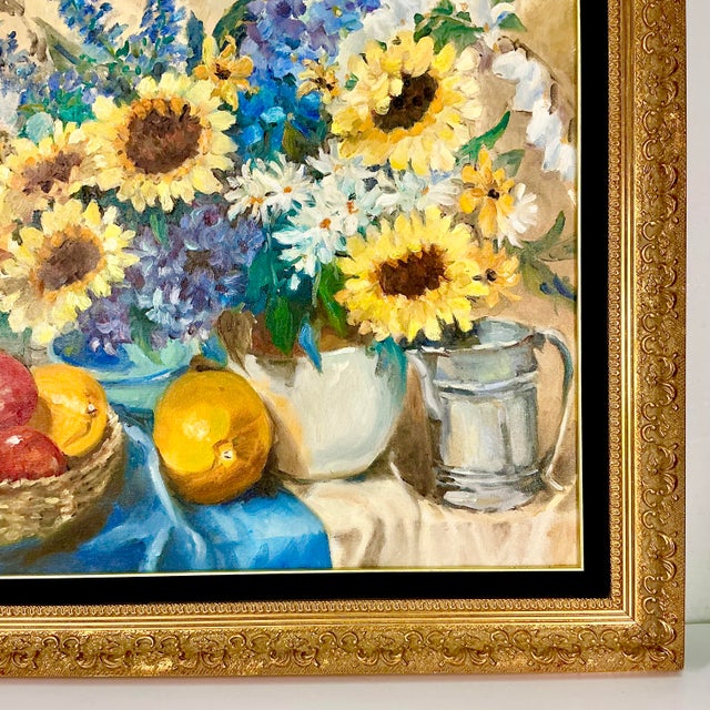 Mid-Century Impressionist Boho Chic Sunflower Still Life Original Oil Painting by American Edith Weir For Sale - Image 6 of 12