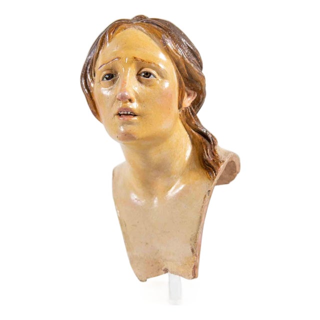 Polychrome Ceramic Head of Woman Sculpture, Italy, 18th Century For Sale