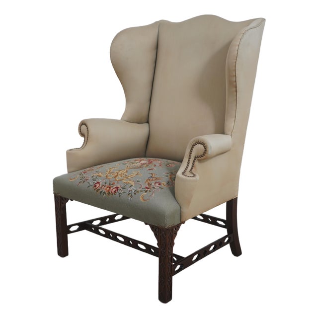 Antique Chippendale Mahogany Wing Chair W. Needlepoint For Sale