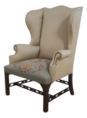 Antique Chippendale Mahogany Wing Chair W. Needlepoint