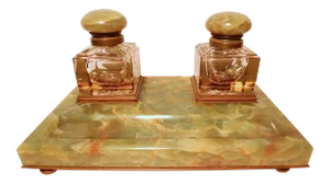 Mid 19th Century Napoleon III Onyx Glass Dore Bronze Double Inkwell and Pen Rest