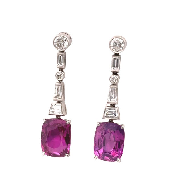 Contemporary 4.89ct & 4.43ct Pink Sapphire Diamond 18k White Gold Earrings, Agl Certified-Set of 2 For Sale - Image 3 of 6